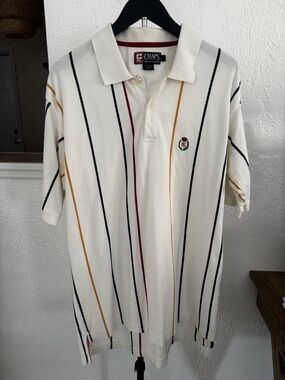 Chaps Ralph Lauren White Polo with Navy, Gold, and Burgundy Stripes size large